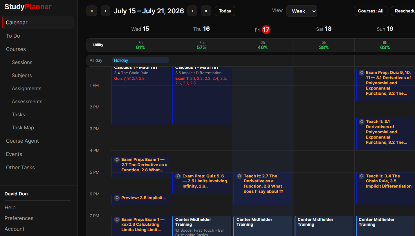Weekly calendar showing planned Preview, Practice, Exam Prep, and Teach It sessions across the week