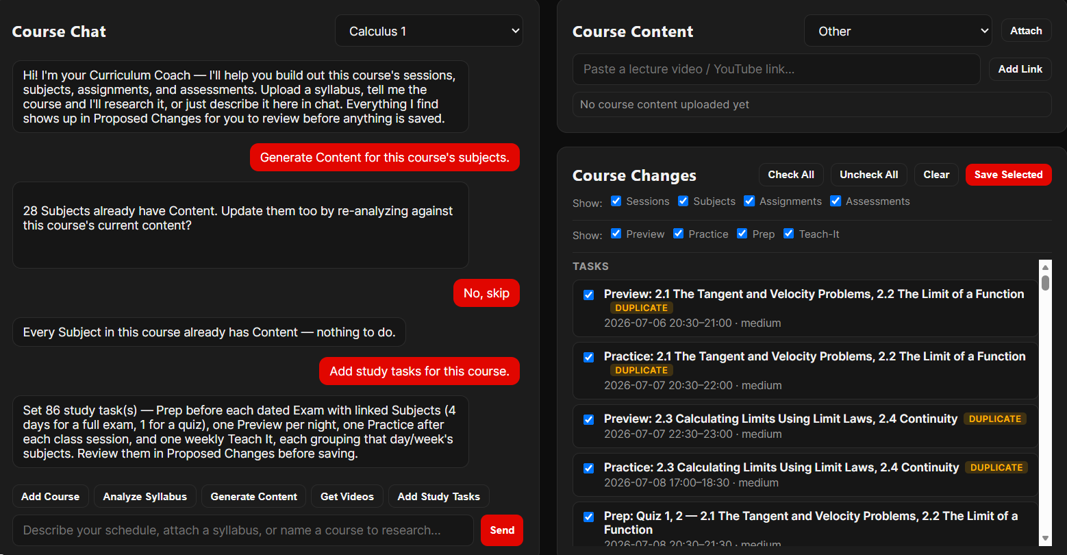 Course Agent chat interface generating course content and study tasks