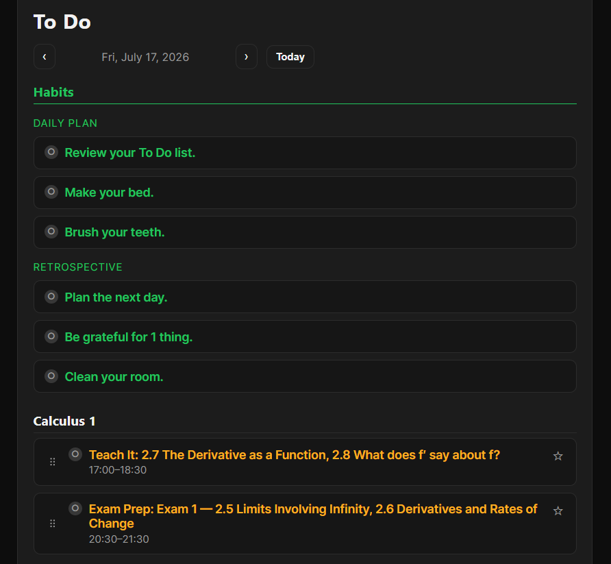Daily To Do list with habits and course-specific study tasks